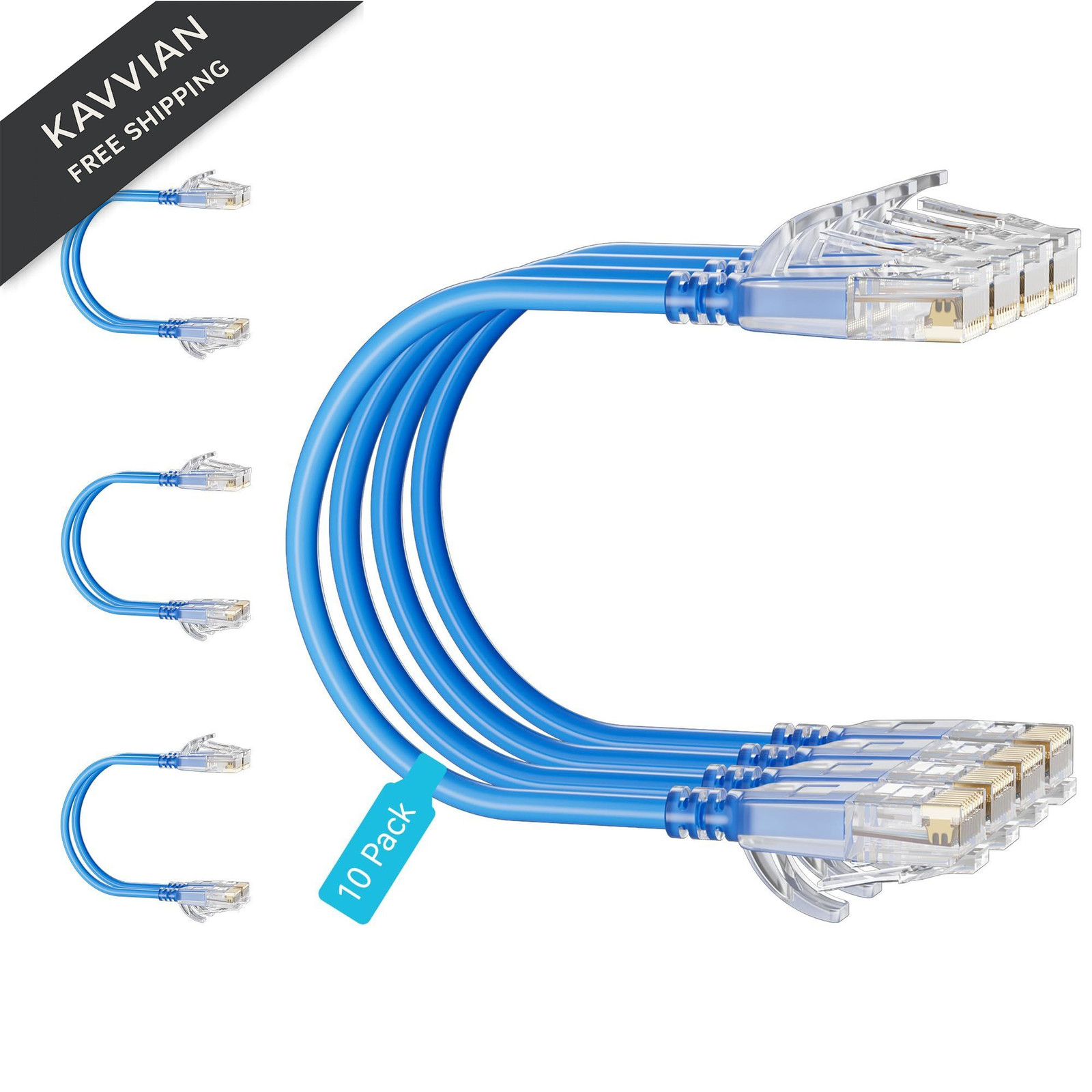 Mnlnbuao Cat6 Slim Patch Cables 0.5 Feet 10-Pack Blue, Cat6a 0.5FT, Blue