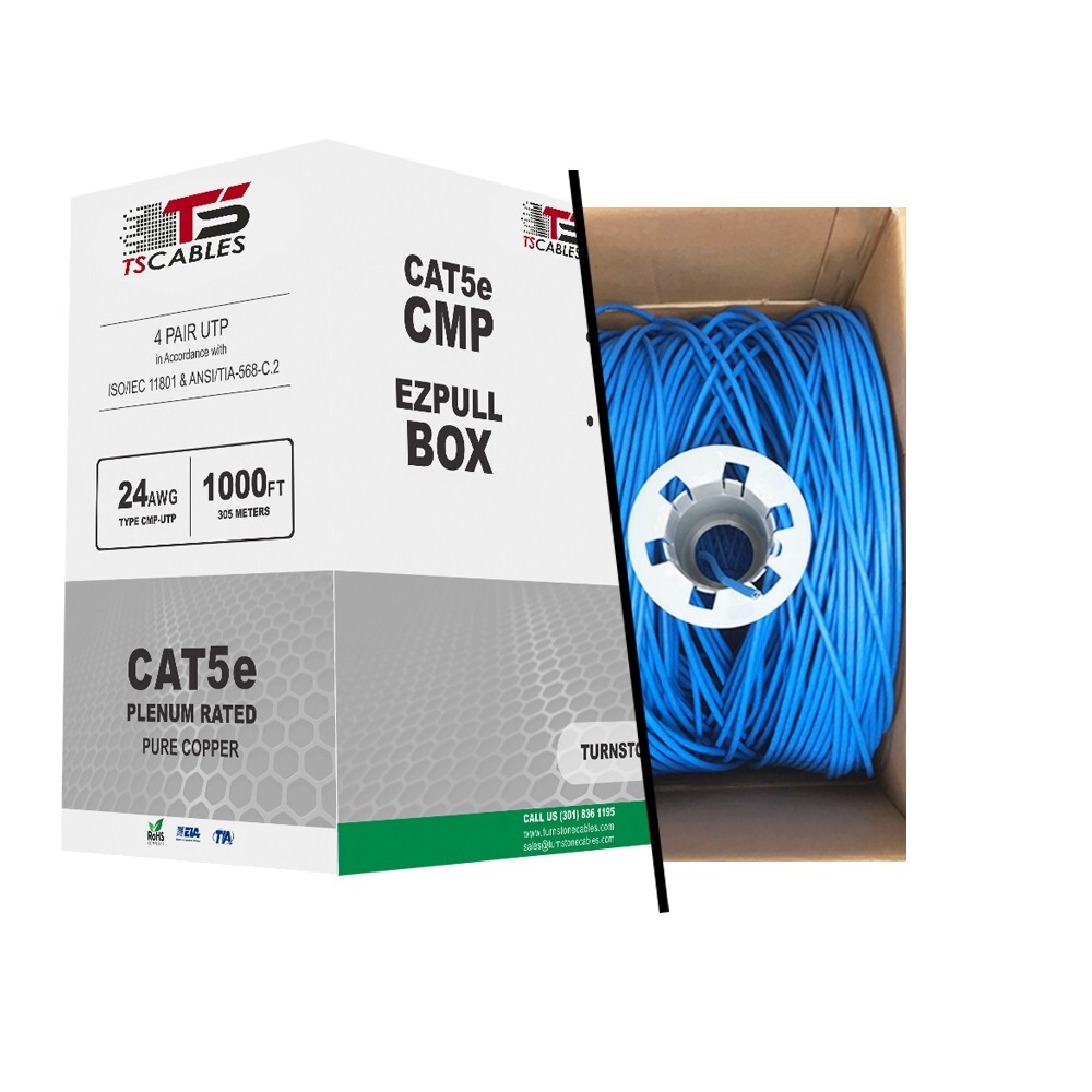 Cat5e Plenum Solid Bare Copper 1000FT 350 MHZ 24 AWG In Blue,White And Black