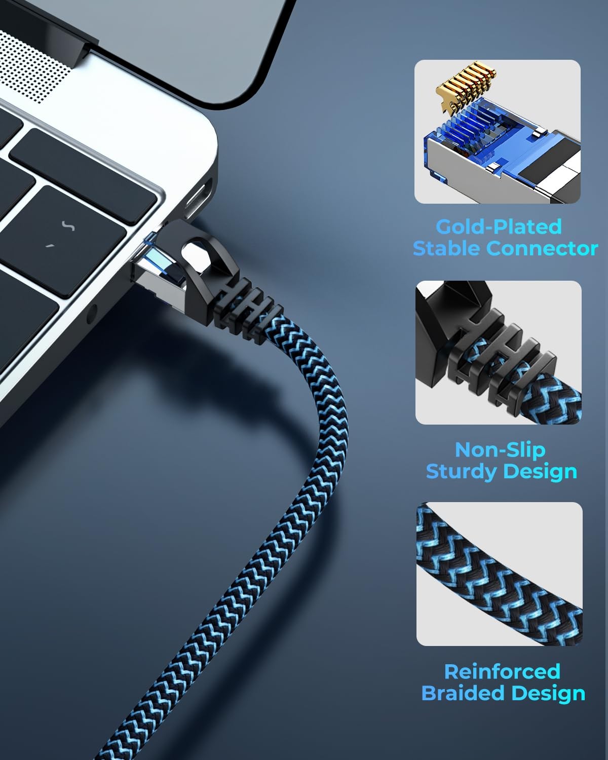 1 Pack 60 ft Blue Cat 8 Ethernet Cable, Braided, 40Gbps, 2000MHz, LAN, Gaming