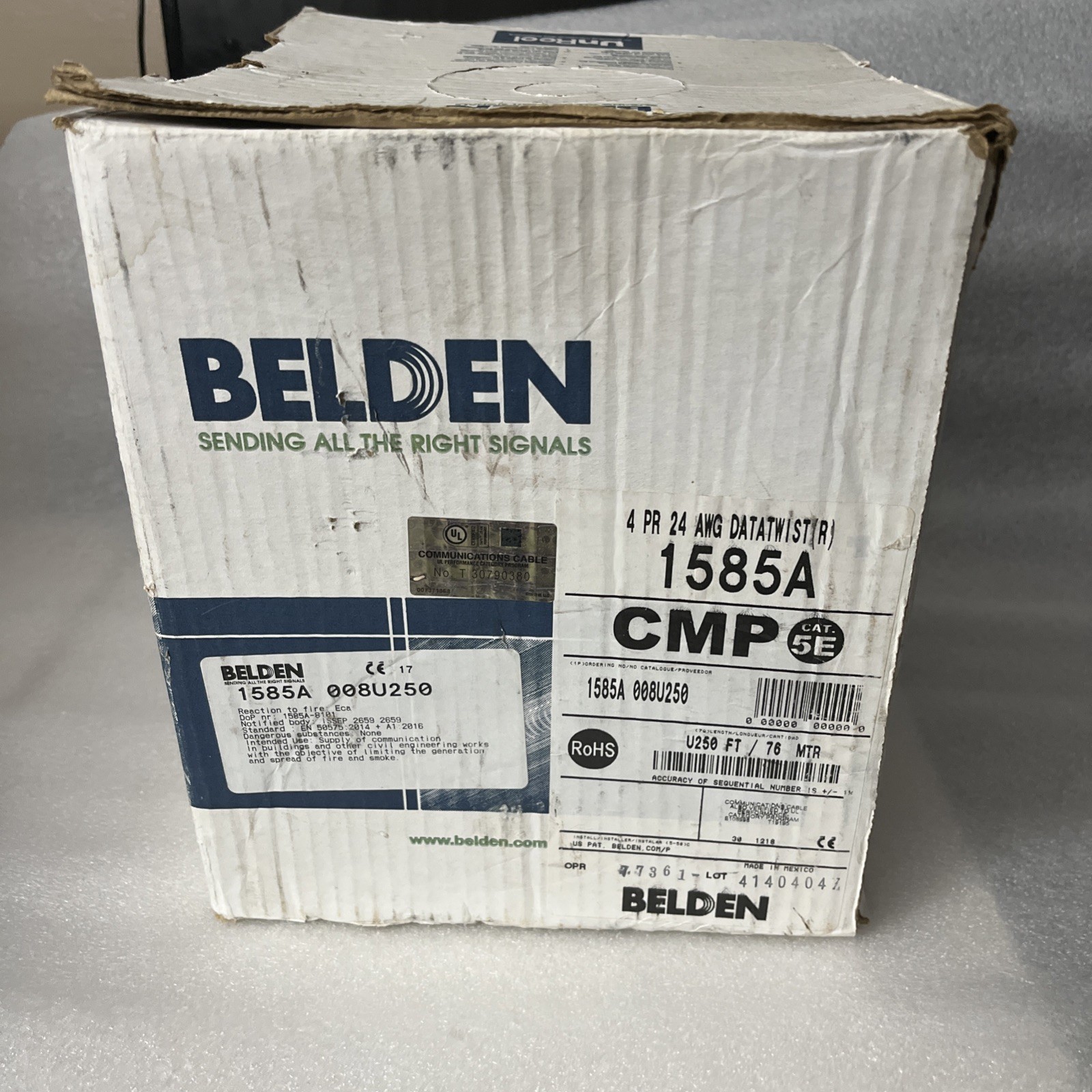 250 FT Belden 1585A 4-Pair 24 AWG Cable Plenum-CMP PVC-LS,, Gray Cat5E Rated