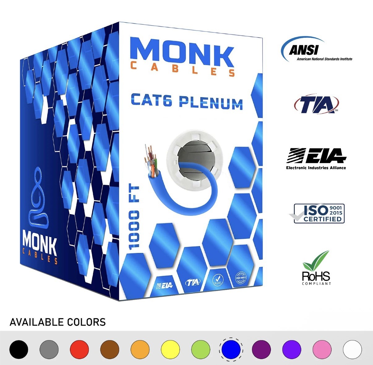 CAT6 Plenum 1000ft Bulk CMP 23AWG 550MHz UTP Ethernet Network Cable Blue