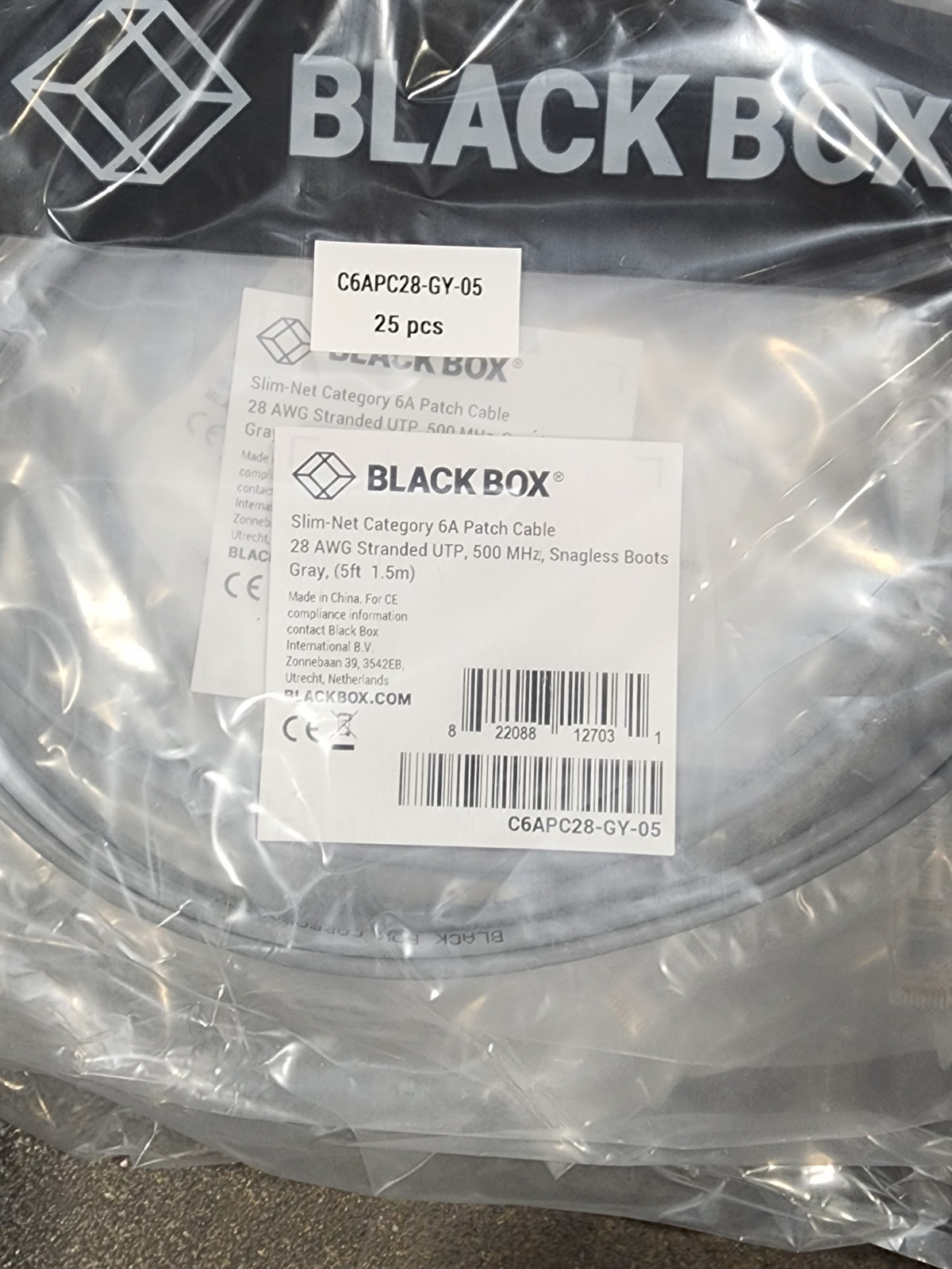50 Pack 5ft Gray Black Box Slim-Net Cat 6A Patch Cable 28AWG UTP Snagless