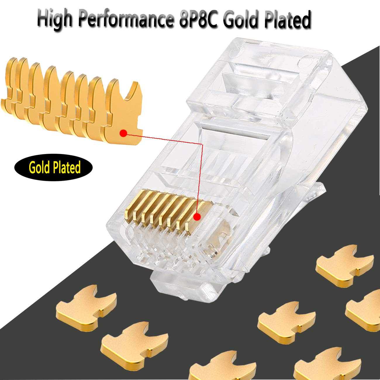 Gold Plated RJ45 Cat6A Pass-Through Ethernet Connectors – 100 Pack