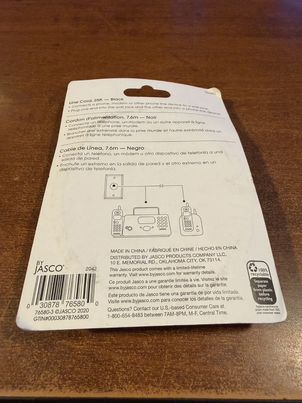 Jasco 25ft Black Phone Line Cord Model 76580 RJ11 Telephone Cable