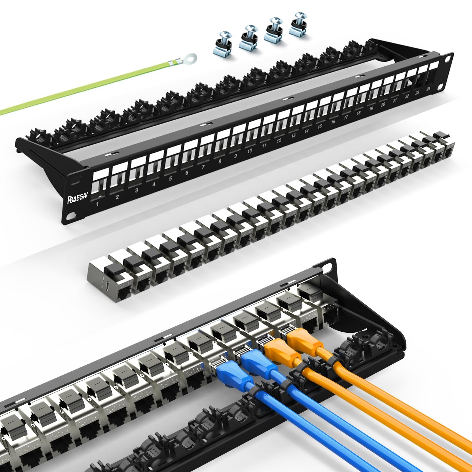 Patch Panel 24 Port Cat6A Keystone Jack STP 10G 1U Network 19 Inch Cat6 Cat5e