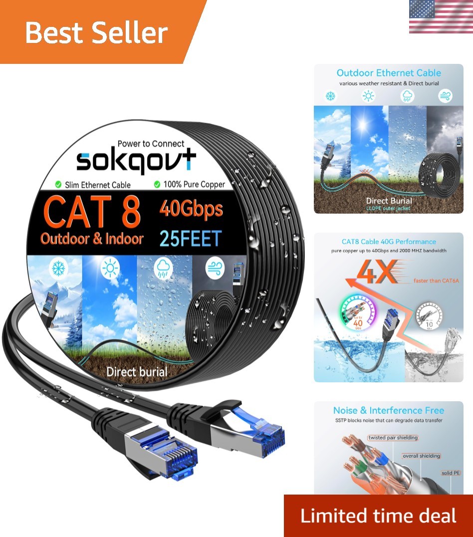 Sokqovt Cat 8 Ethernet Cable Slim 25ft Outdoor&Indoor, Pure 25ft, Black
