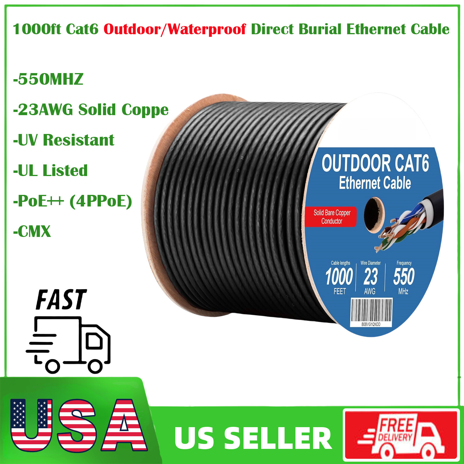 1000ft Cat6 Outdoor Direct Burial Ethernet Cable 23AWG Solid Coppe UTP UV Rated