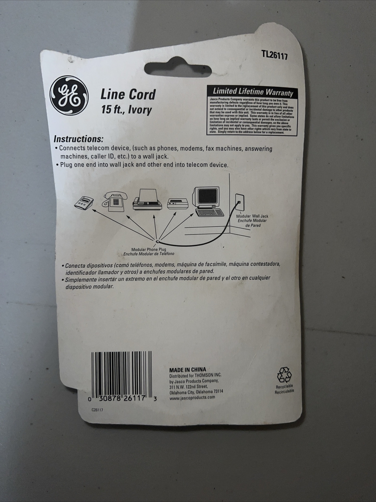 NEW GE TL26117 6P4C Telephone Line Cord – 15 FT, IVORY for 1 or 2 lines/DSL/FAX