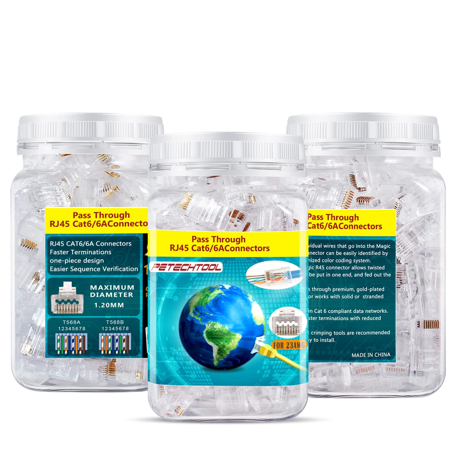 Gold Plated RJ45 Cat6A Pass-Through Ethernet Connectors – 100 Pack
