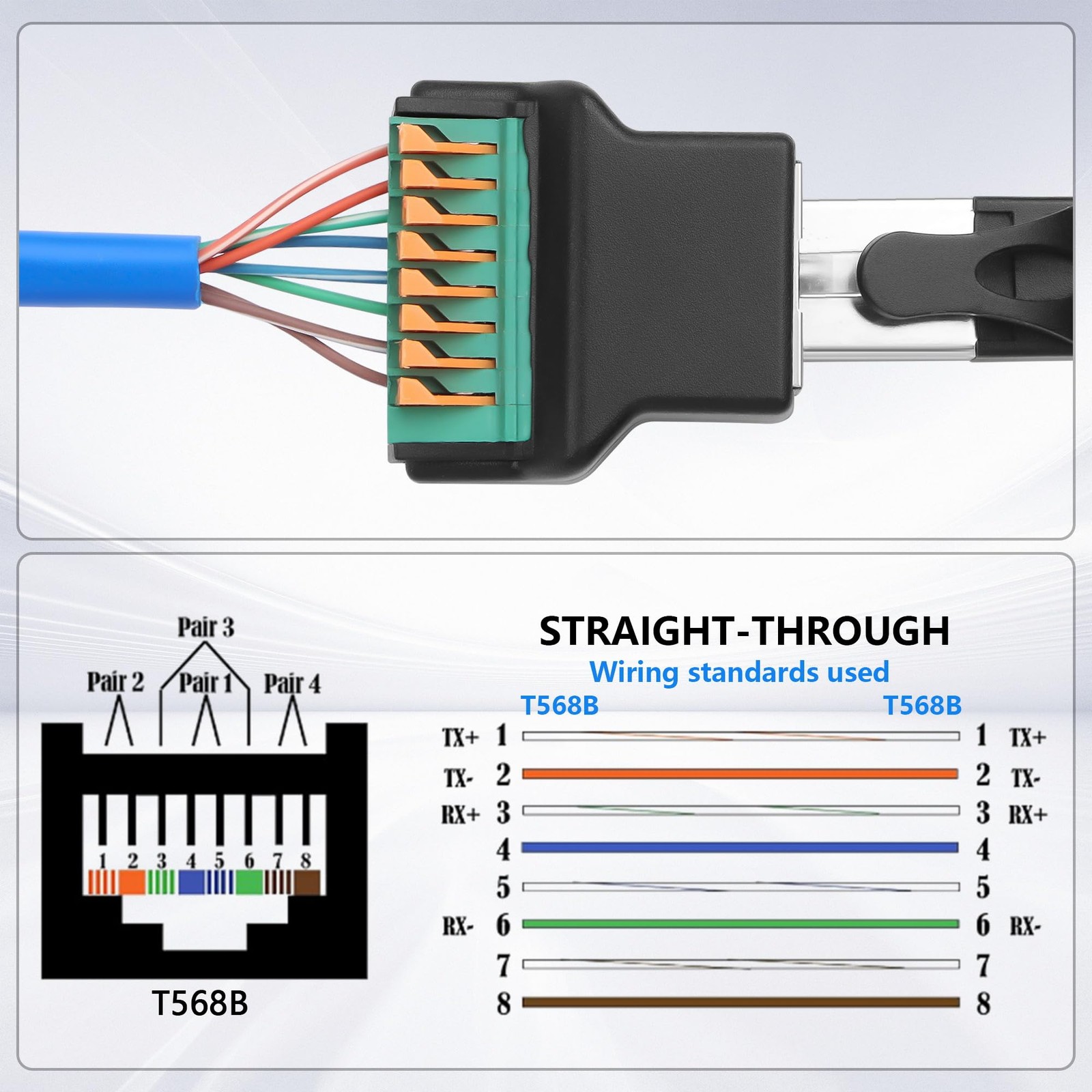 2 PCS RJ45 8P8C Quick Connect Solderless Adapter Female To 8Pin Terminal Cat6