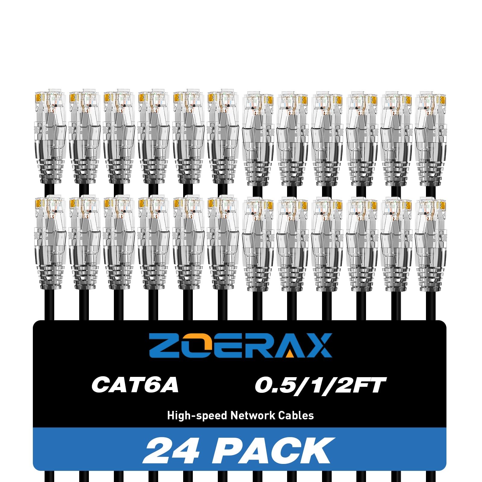 24 PCS 0.5Ft Slim Cat6a Ethernet Patch Cable 10Gbps 550MHz RJ45 Network Cord