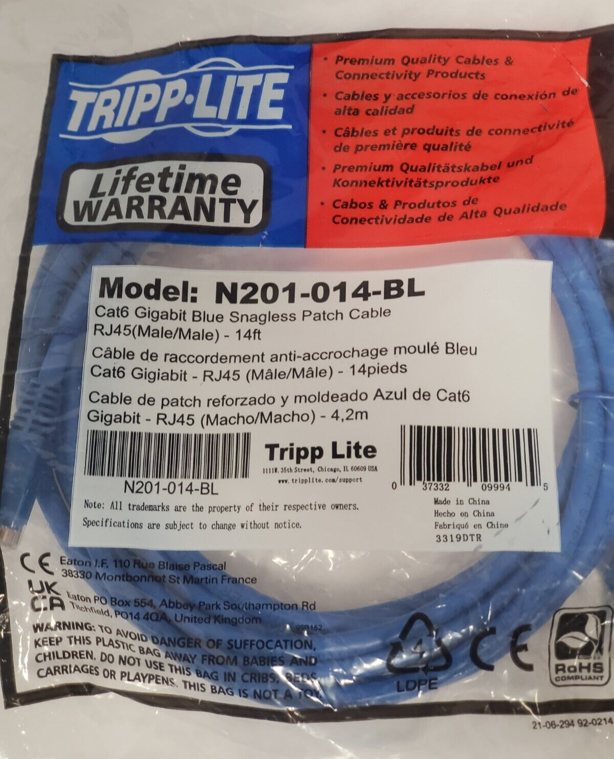 TRIPP LITE N201-014-BL CAT-6 GIGABIT SNAGGLES MOLDED PATCH CABLE 14ft LOT OF 10