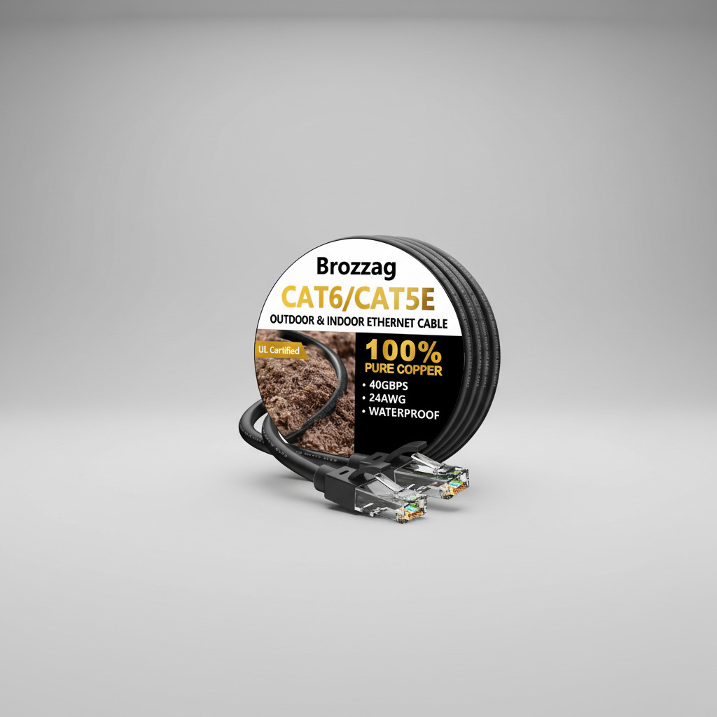Brozzag CAT6/CAT5E Ethernet Cable Super Speed 40Gbps LAN 15Ft Black Waterproof