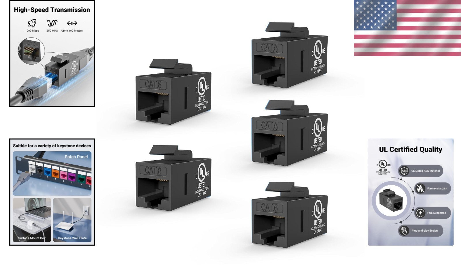 Fast 1 Gbps RJ45 Keystone Coupler Set – 5 Female-to-Female Ethernet Connectors