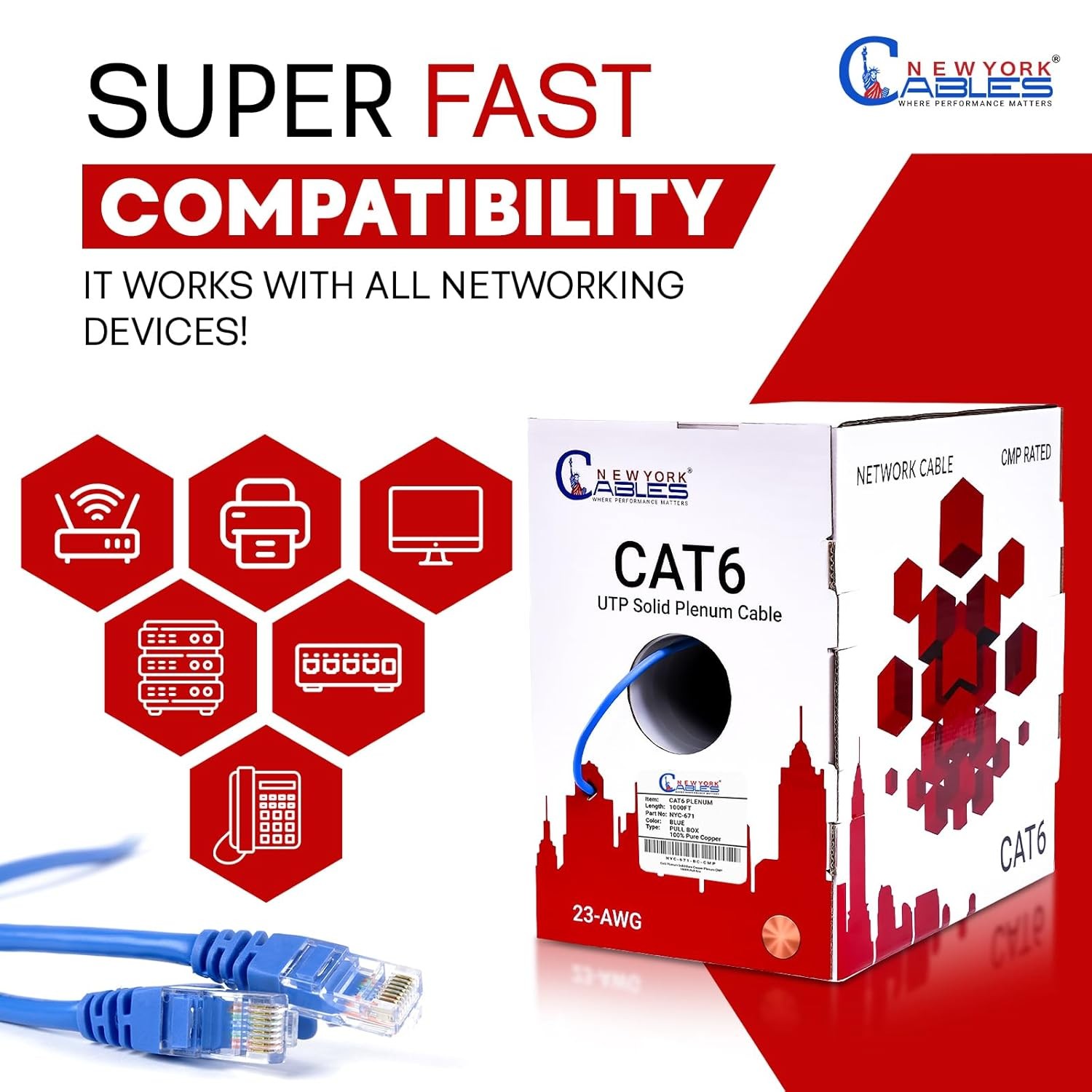 Cat6 Cable 1000ft Plenum 100% Copper 23AWG UTP Bulk Ethernet Cable Lan Wire Blue