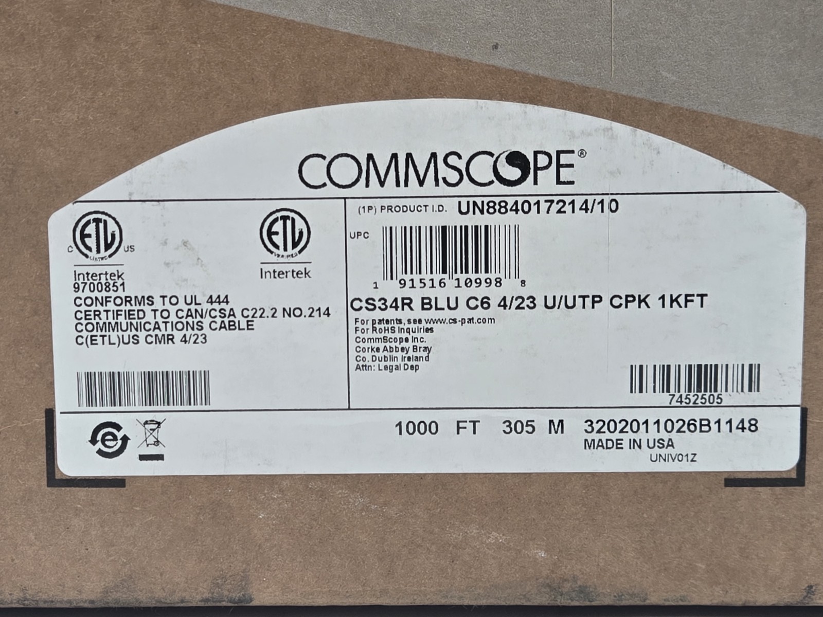CommScope Cat 6 Cable CS34R BLU C6 4/23 U/UTP CPK 1KFT 1000 FT New Free Shipping