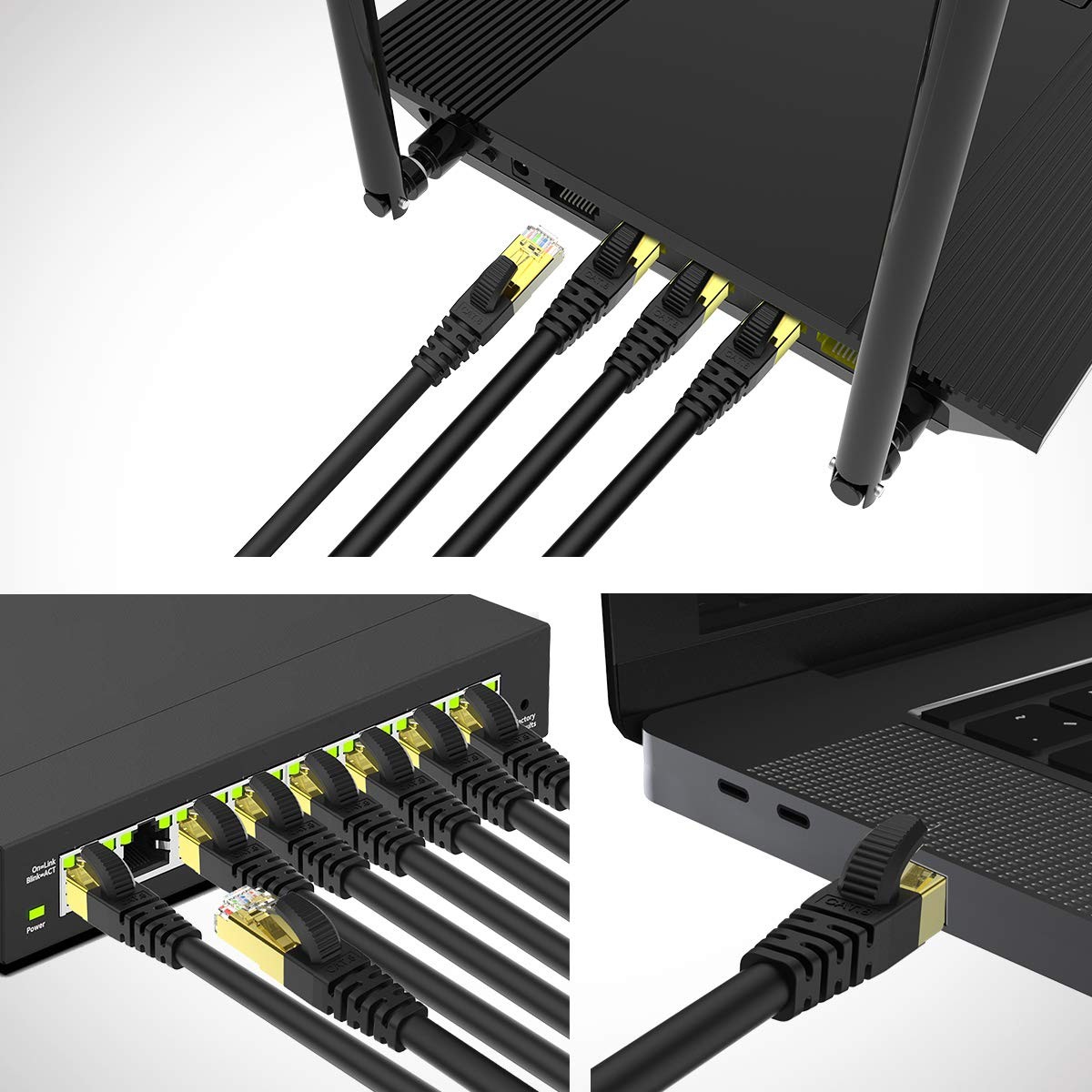 5 PCS CAT 8 Ethernet Cable 5 Ft Black Shielded SFTP High Speed Patch LAN Gold