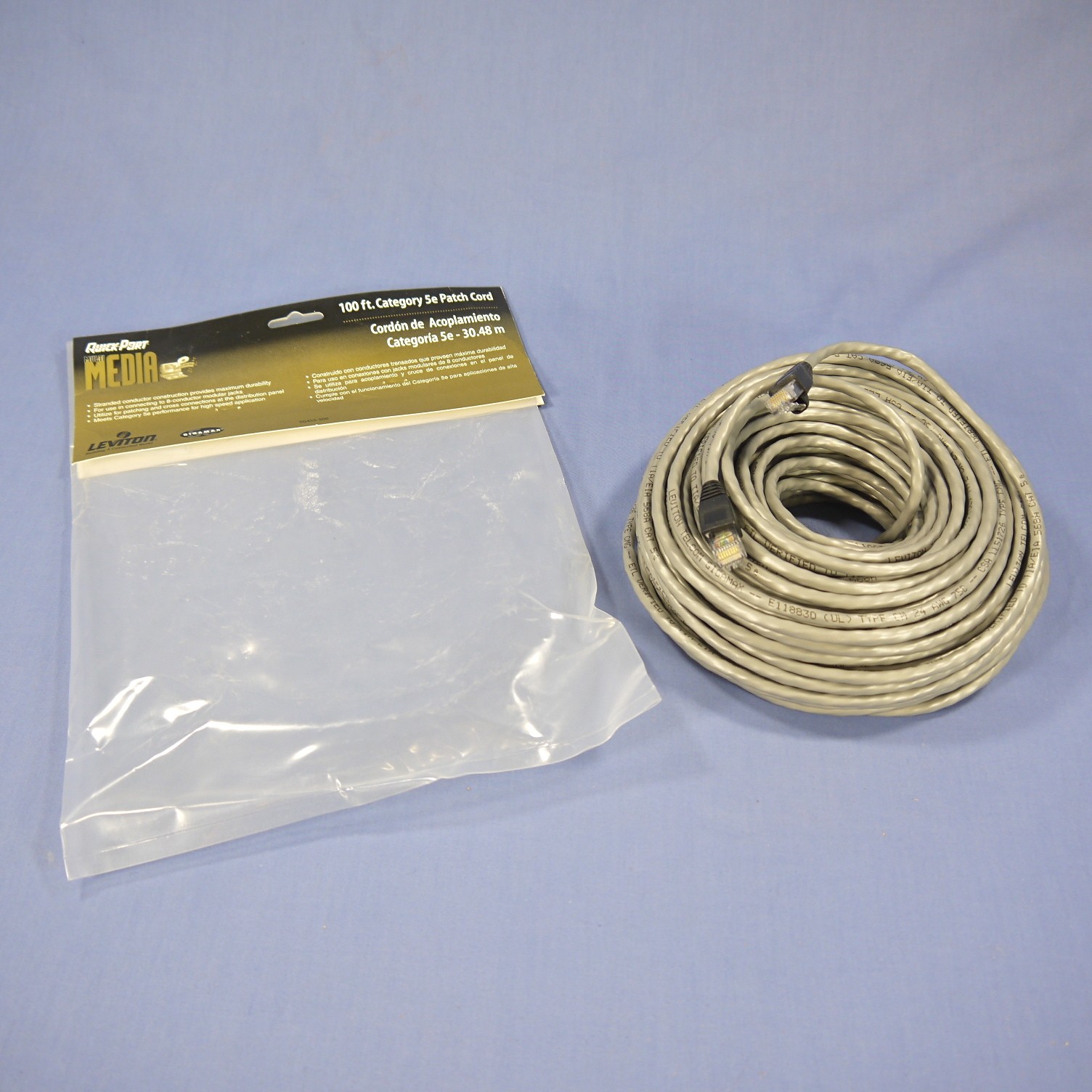 Leviton 5G455-100G Gray Cat5e 100ft Ethernet Cable Data Patch Cord Network Boot