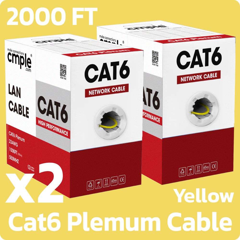 Cat6 Plenum Ethernet Cable 1000ft 2 Pack CMP Solid 23AWG UTP Pull Yellow