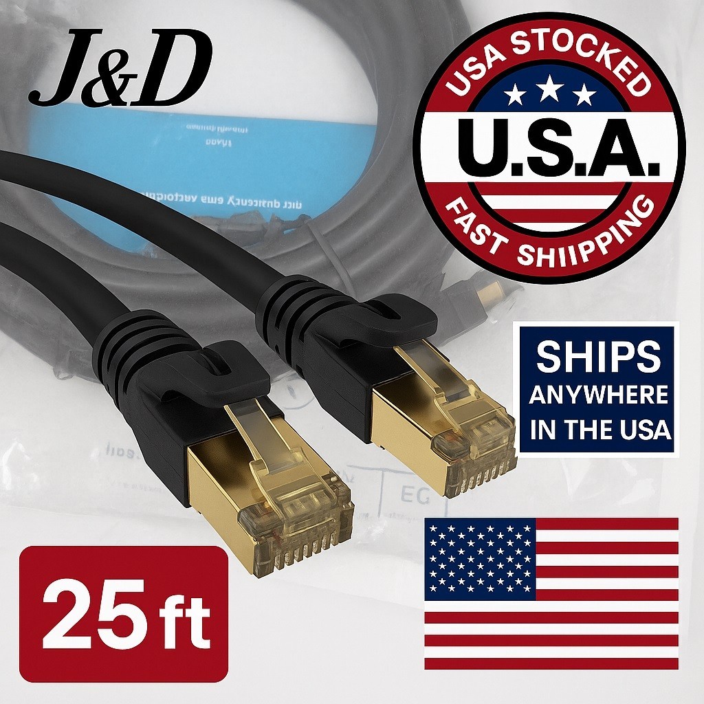J&D Cat8 Ethernet Cable 25 ft High Speed 40Gbps 2000MHz Shielded RJ45 LAN Black