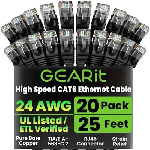 GEARit Cat 6 Ethernet Cable Pack – 20-Pack 25 ft Cat6 Ethernet Patch Cables |…