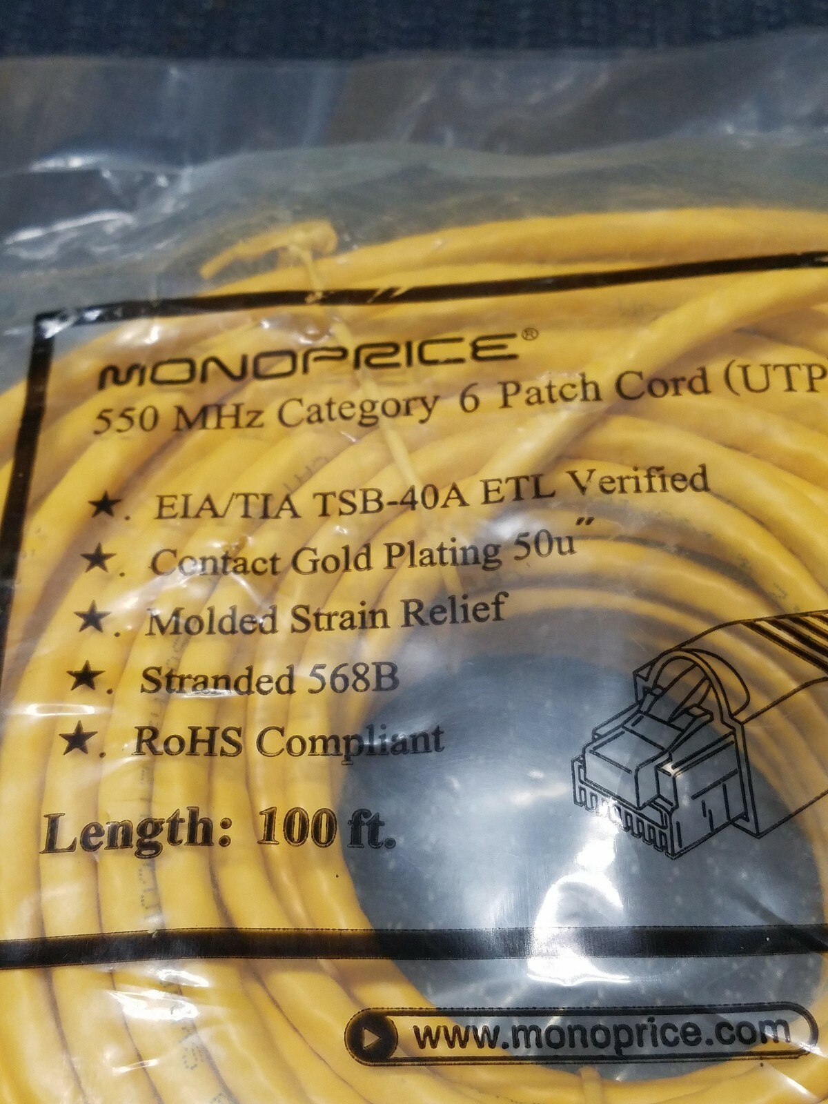 Monoprice Cat6 Ethernet Patch Cable – 100ft – Yellow, RJ45, 550Mhz, UTP, 24AWG