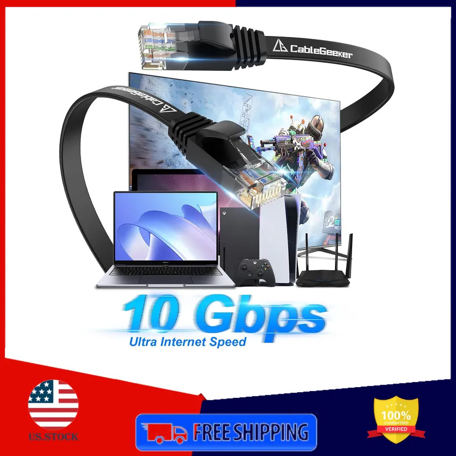 Cat 6 Flat Ethernet Cable 100ft 10Gbps Black High Speed RJ45 Network Patch Cord