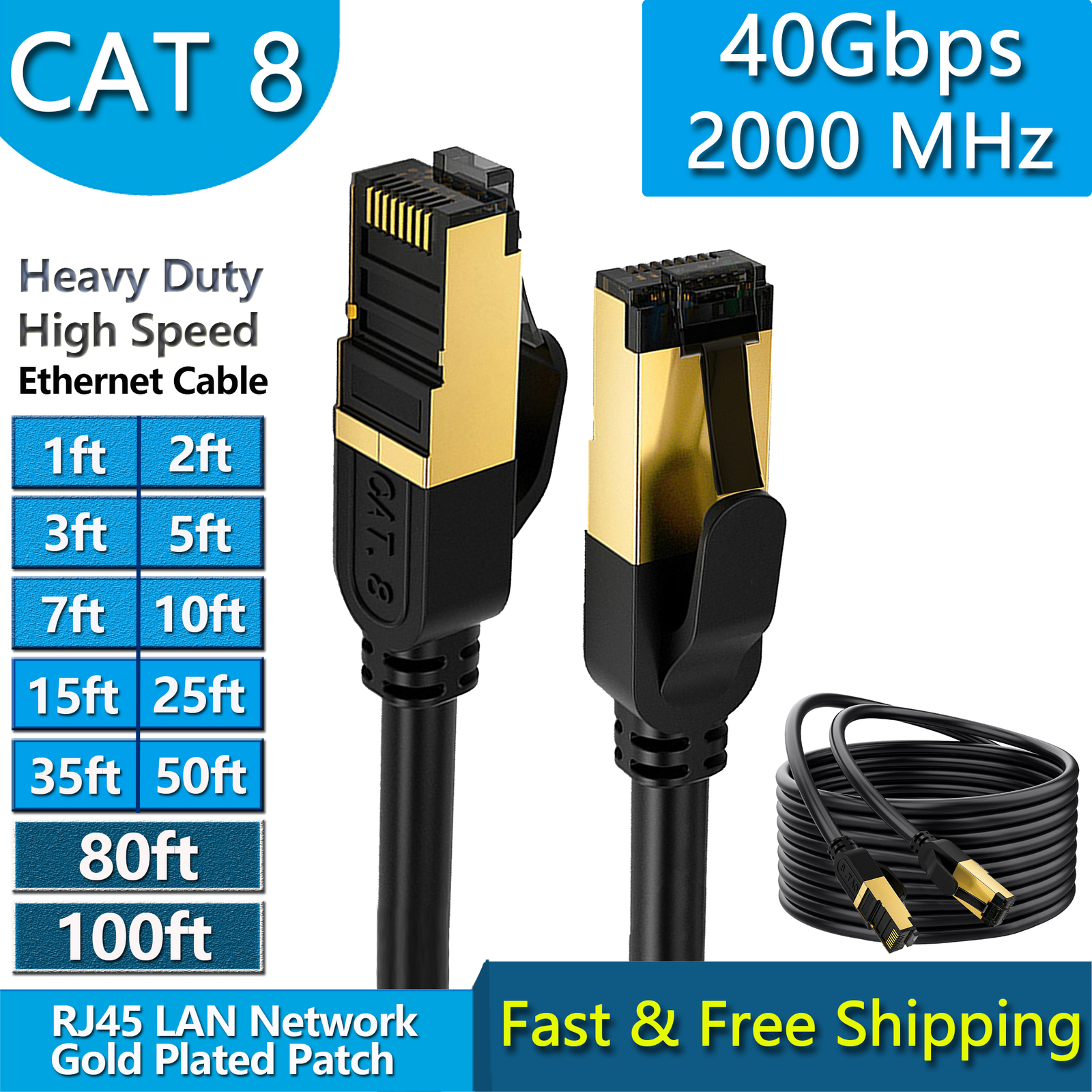 Cat 8 Ethernet RJ45 LAN Cable Super Speed 40Gbps Patch Network Gold Plated lot