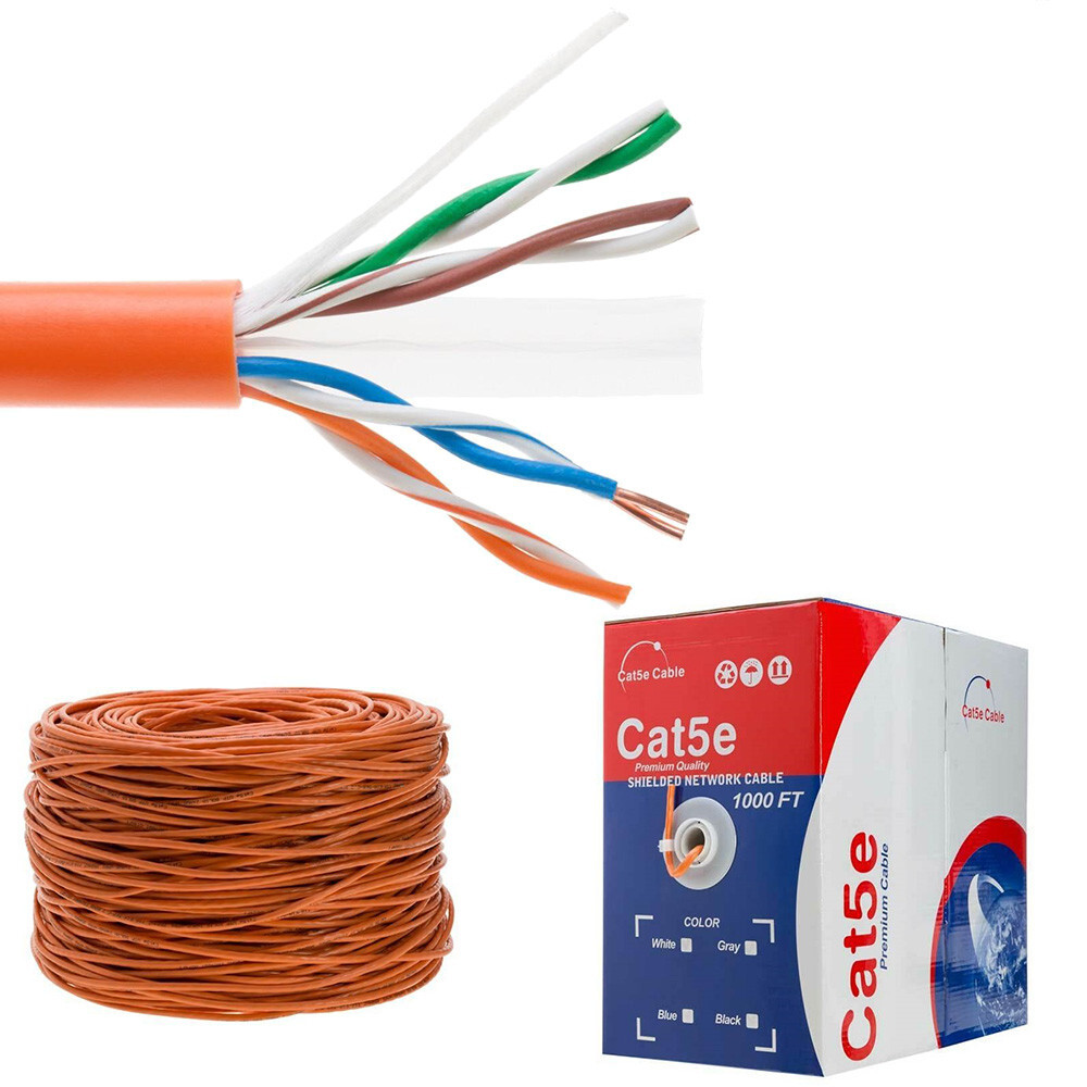 CAT5e UTP 1000ft Orange Ethernet Network Cable Bulk Solid Wire Box 24AWG CCA