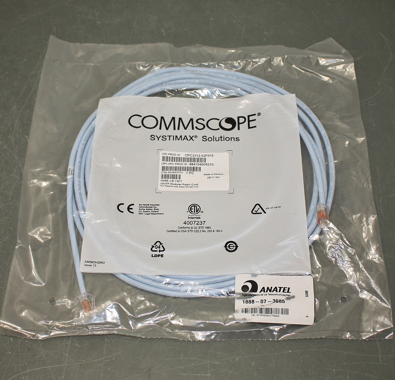 (10) Commscope Systimax 15ft Patch Cables CPC3312-02F015, CAT 6, GS8E-LB-15FT