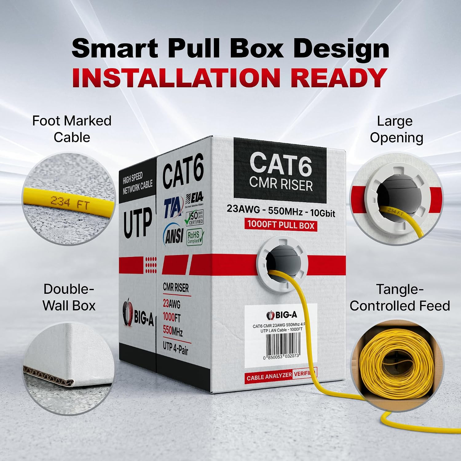 Big-A Cat 6 Ethernet Cable 1000ft Yellow Cat6 Bulk Cable 550MHz 23AWG Solid UTP
