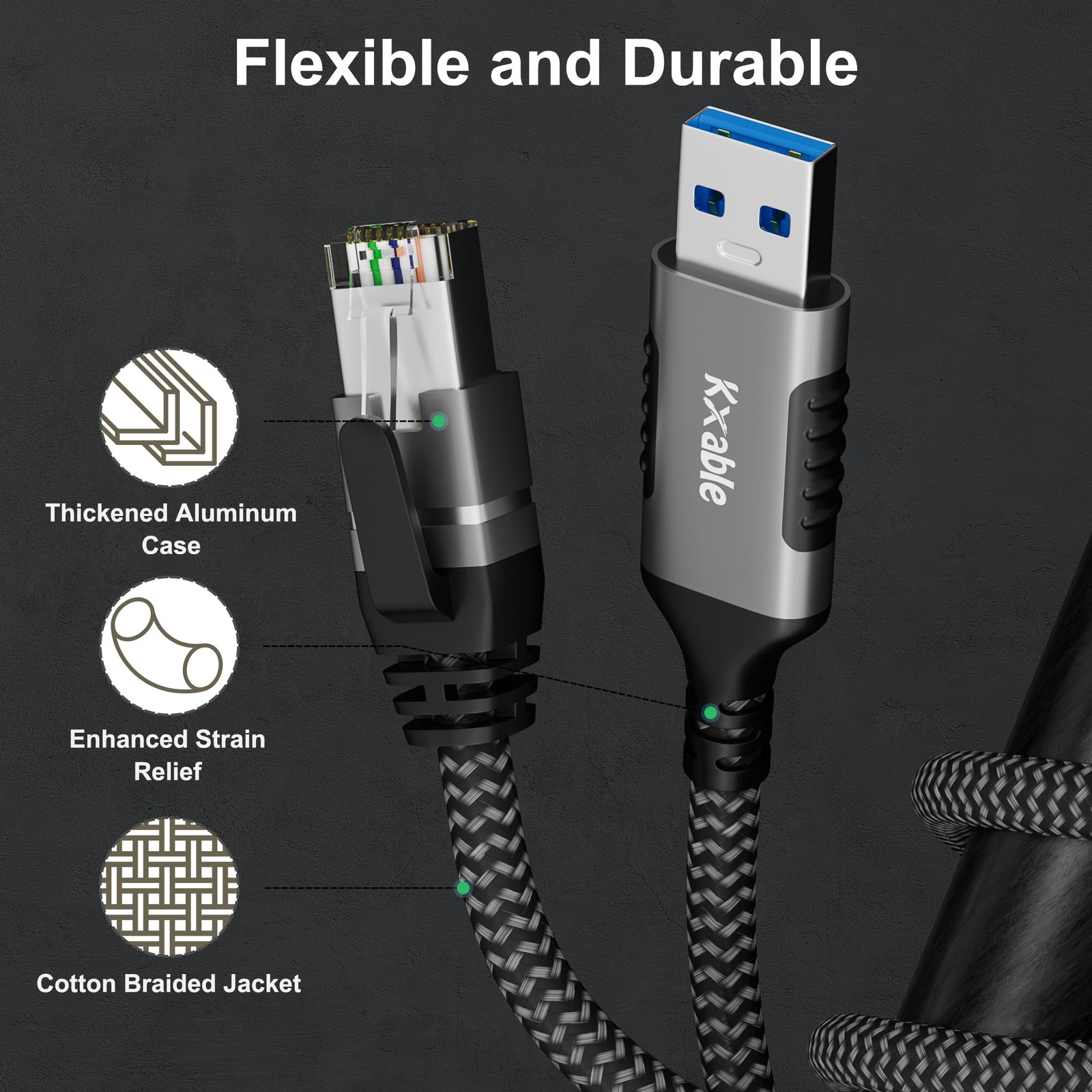 USB to Ethernet Cable 25 FT, 3.0 A Male RJ45 Cord, 25FT, Grey