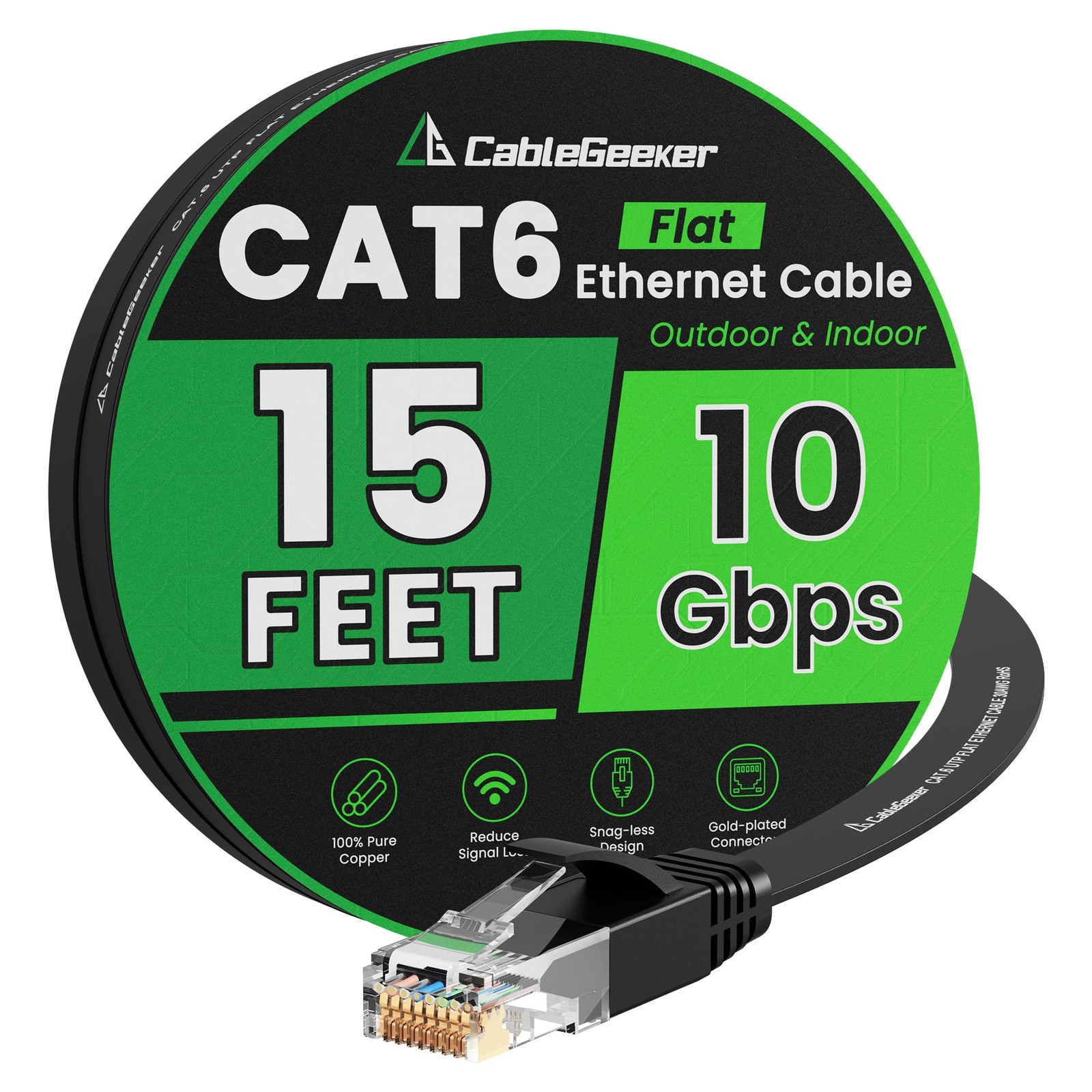 Cat 6 Ethernet Cable 15ft Flat High Speed 10Gbps LAN Cable with Clips & Straps