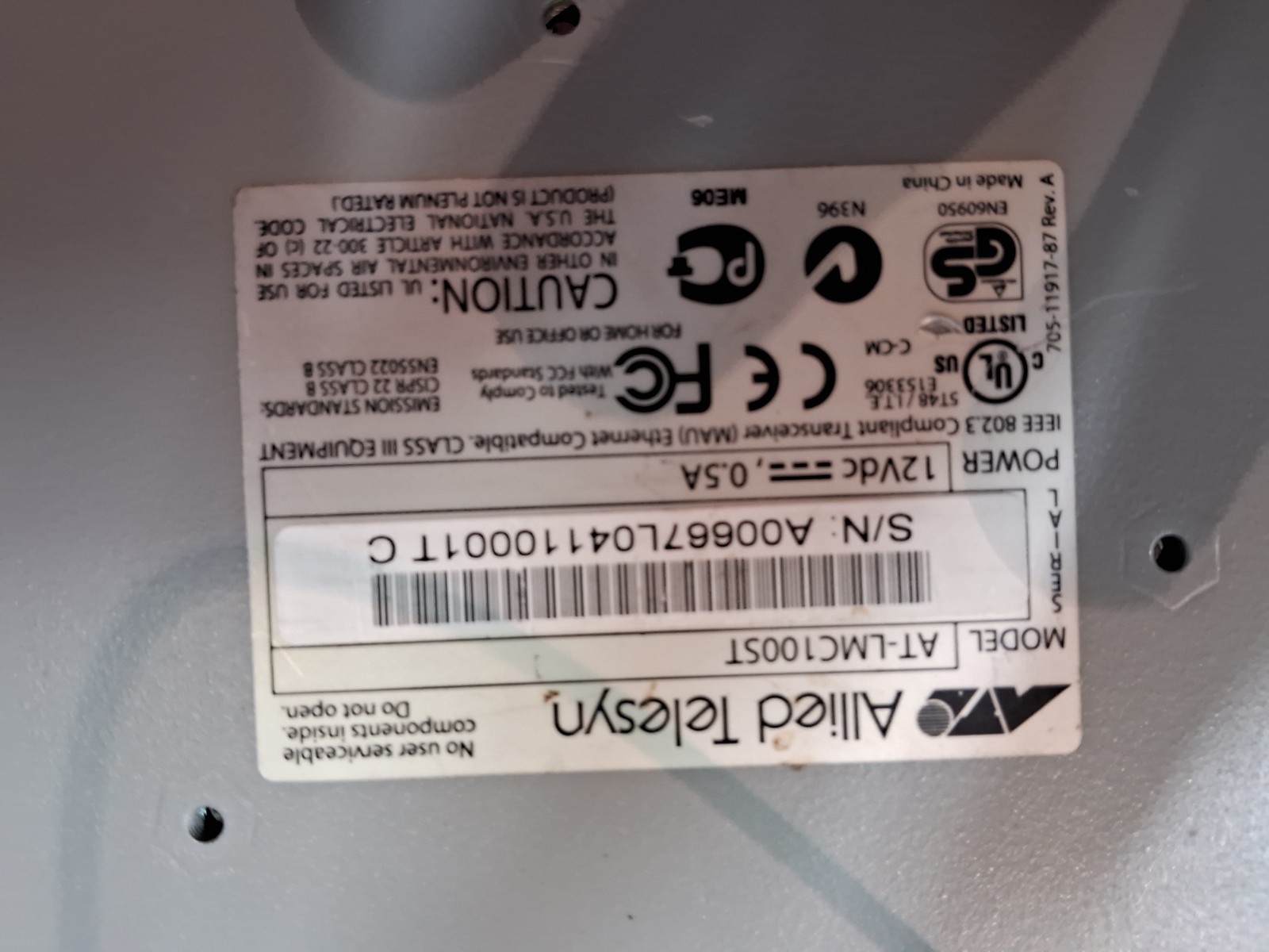 Allied Telesyn AT-LMC100ST, which is an IEEE 802.3 Compliant Transceiver.