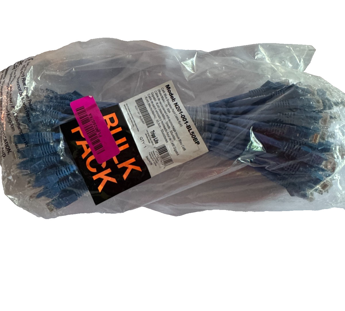 TRIPP LITE 1-Feet CAT6 1Gig Snagless Molded Patch Cable RJ45 50 Pack – Blue