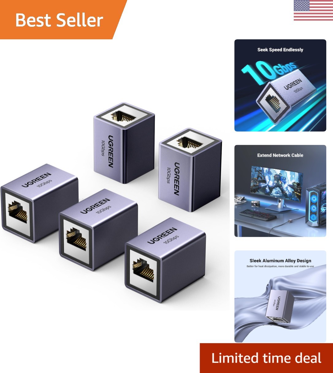 Universal RJ45 Ethernet Coupler 10Gbps – Aluminum 5 Pack for Long-Distance Use