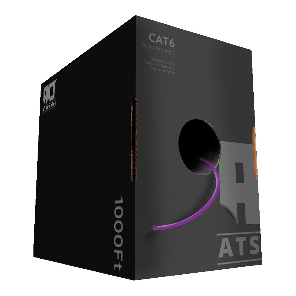ATS Cables Bulk Cat6 Plenum CMP 1000ft 550MHZ UTP 23 AWG Solid 10 Gigabit Purple