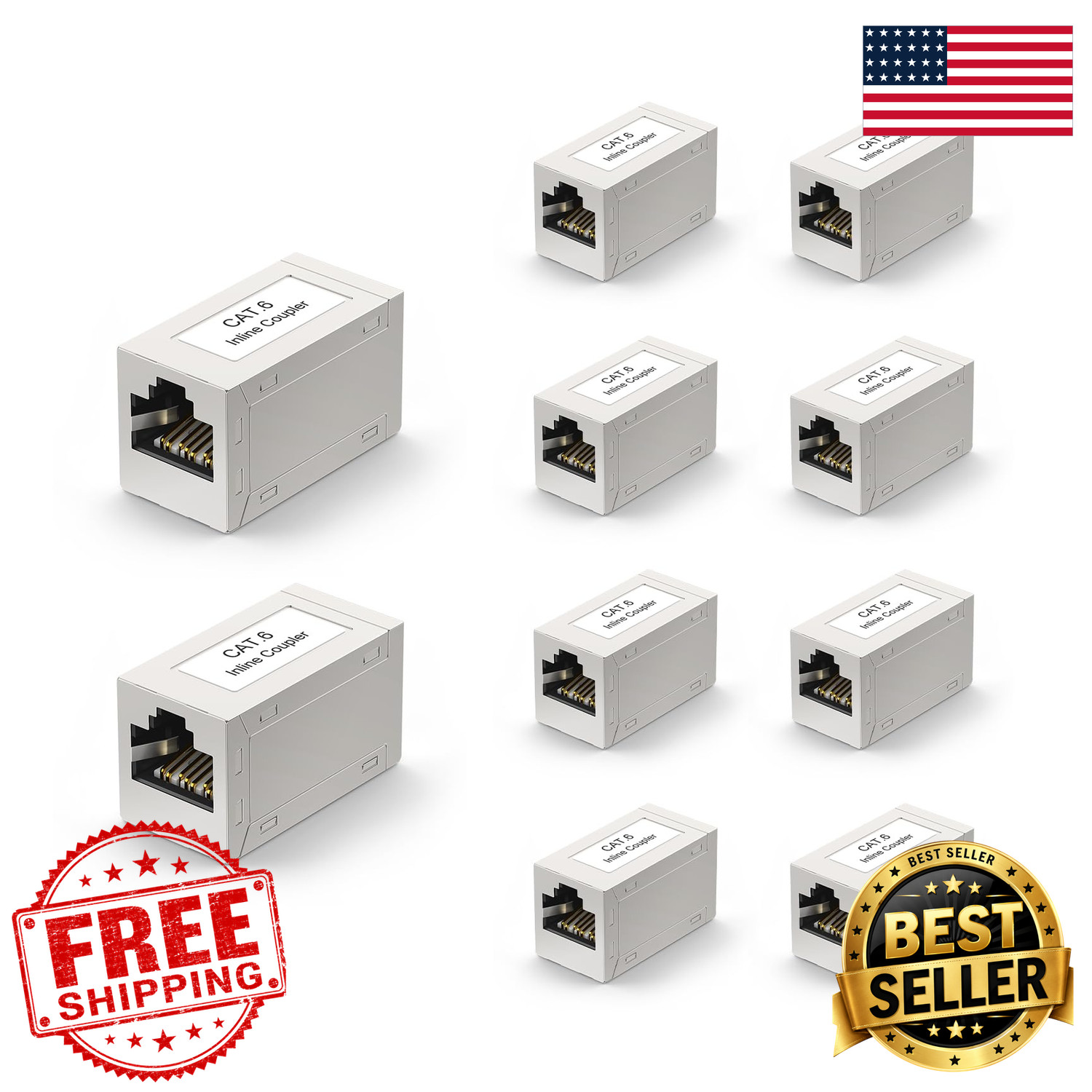 Cat6 Ethernet Coupler Shielded 10 Pack Metal Housing PoE 1Gbps Gold Contacts