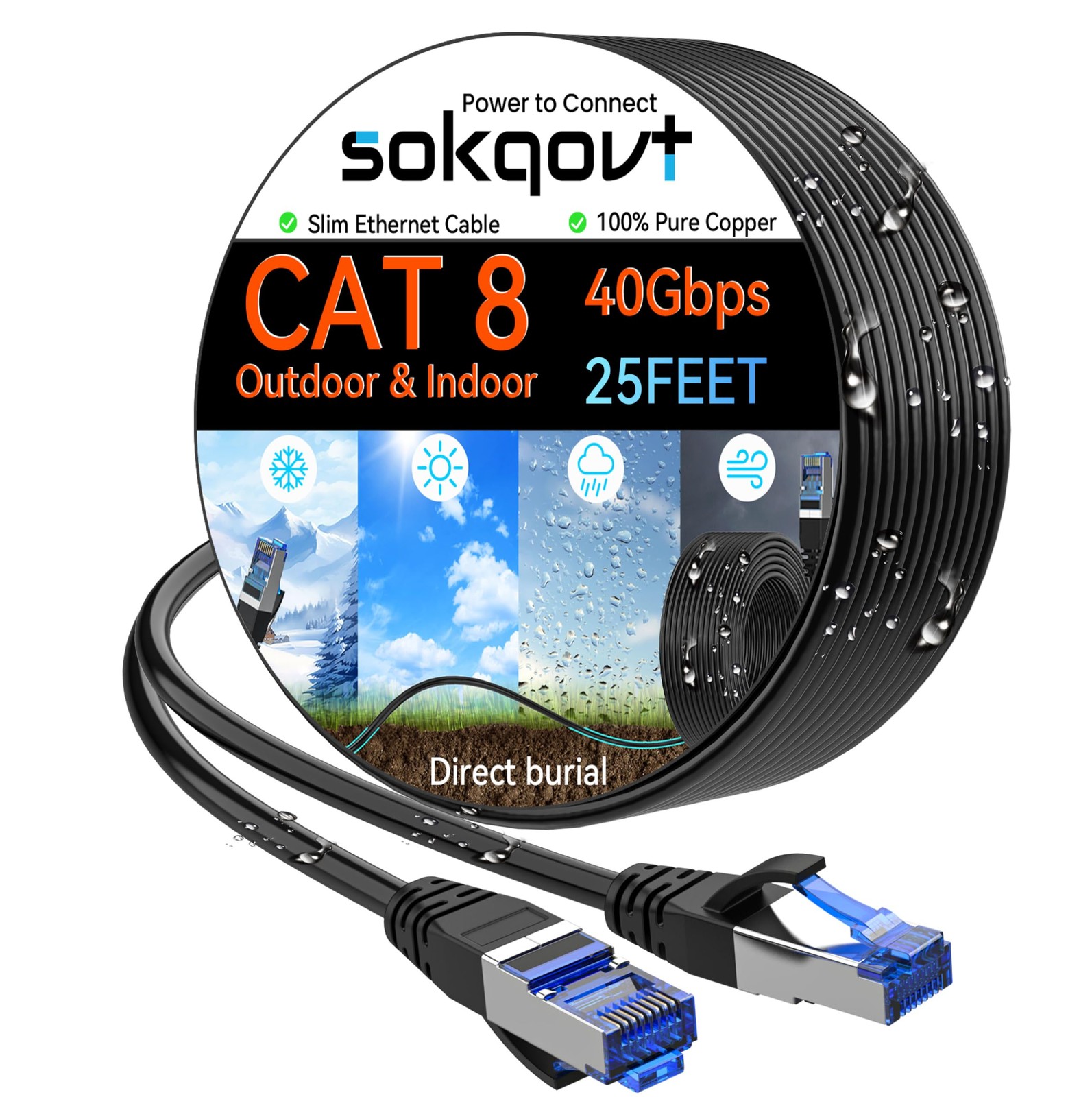 Sokqovt Cat 8 Ethernet Cable Slim 25ft Outdoor&Indoor, Pure 25ft, Black