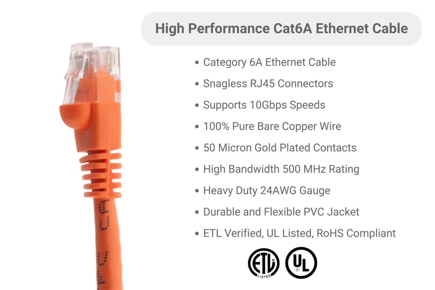 CAT6A Ethernet Patch Cable, Snagless, 1′, Orange – Lifetime Warranty