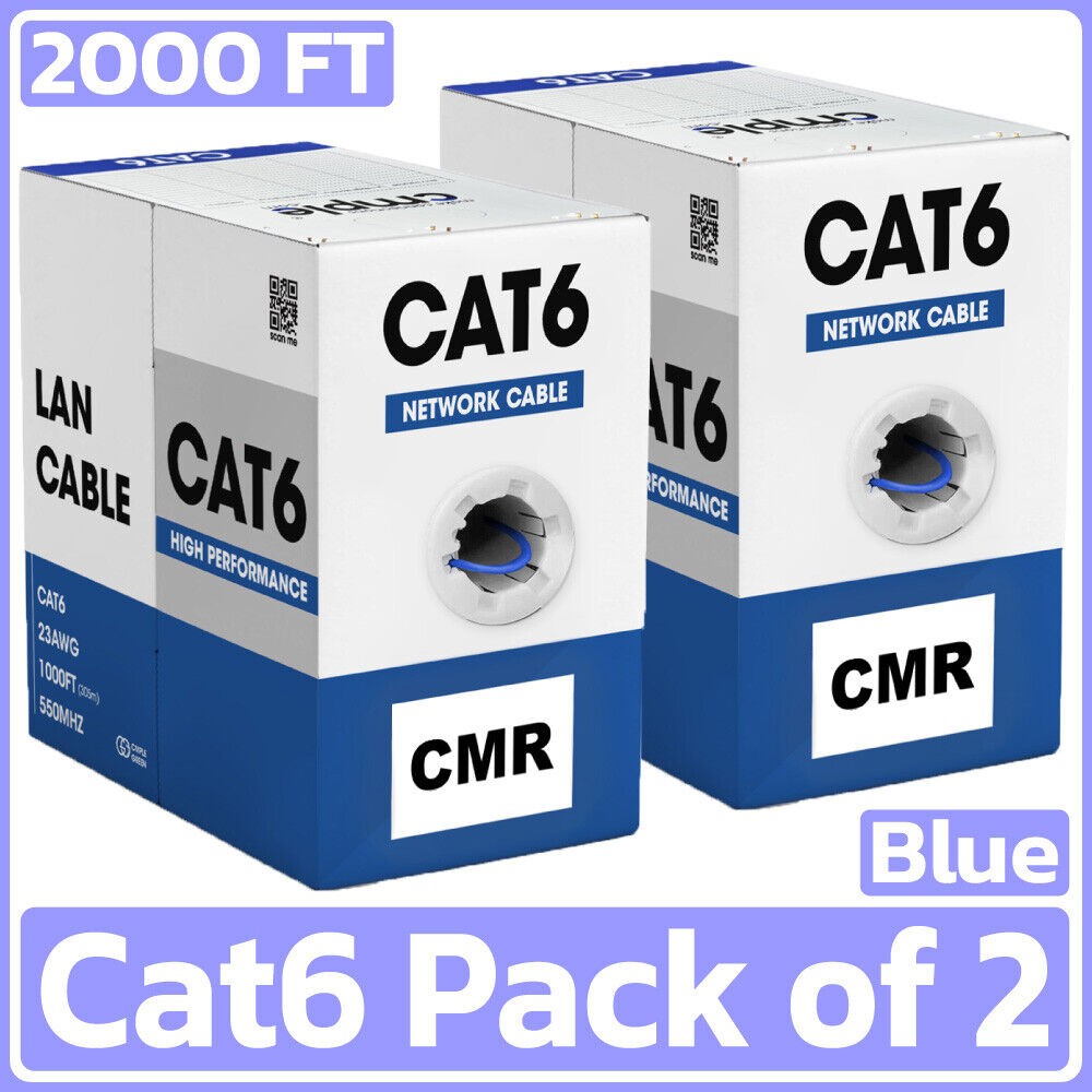 2 Pack Cat6 Ethernet Cable 1000ft CMR Riser Solid 23AWG UTP Network Blue
