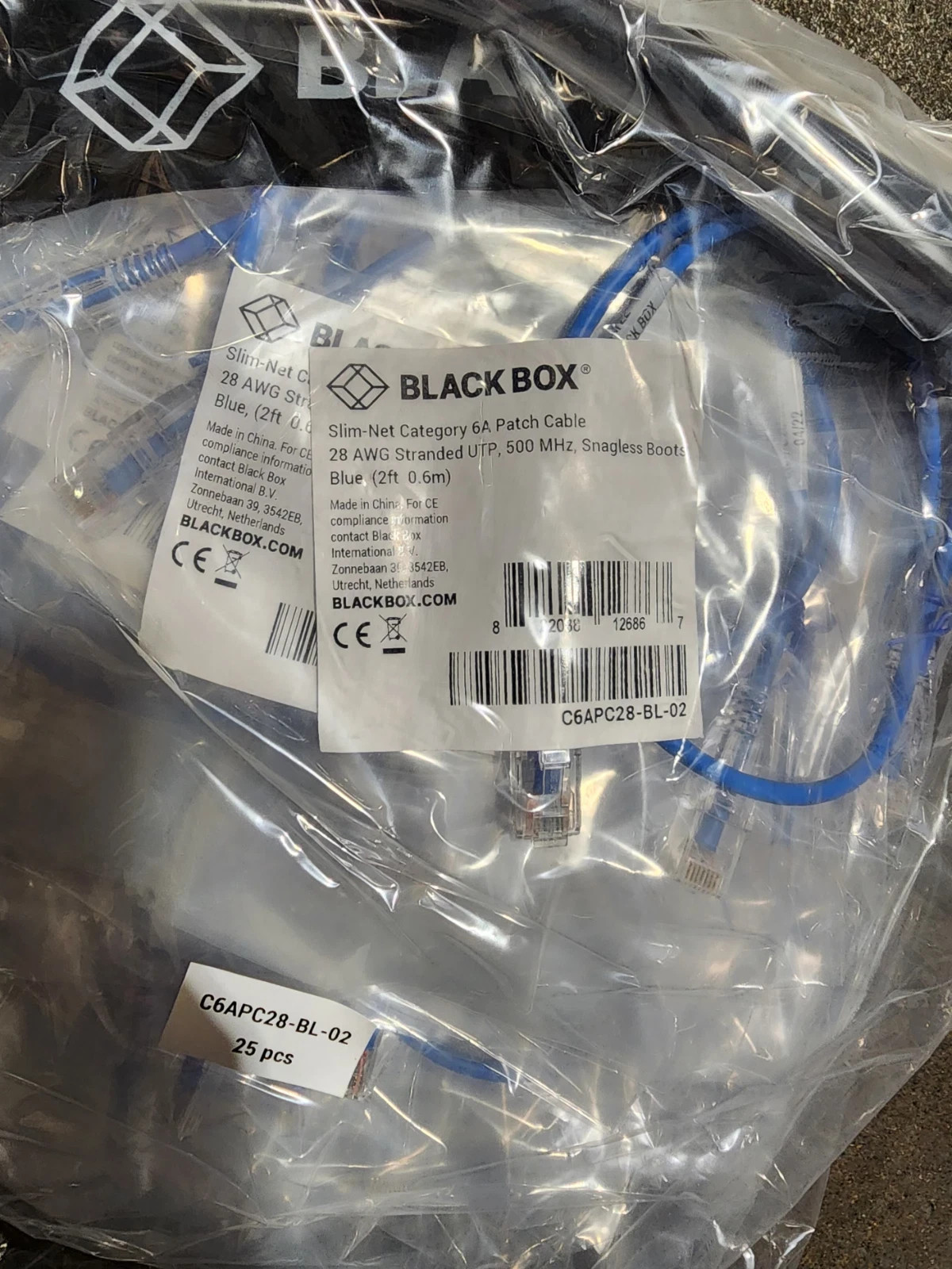 100 Pack 2ft Black Box Slim-Net Cat 6A Patch Cable 28AWG UTP Snagless