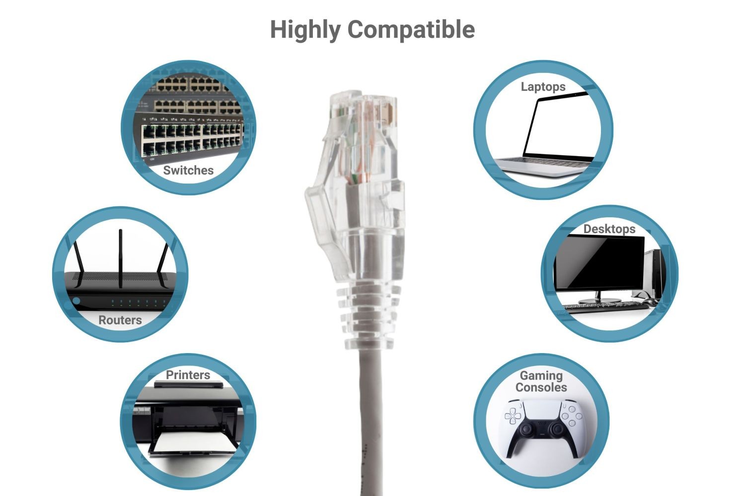 Slim, CAT6A Ethernet Patch Cable, Booted, 7′, Gray – Lifetime Warranty
