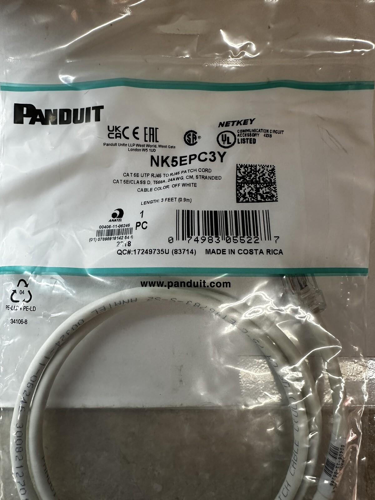 PANDUIT NETKEY NK5EPC3Y PATCH CORD OFF-WHITE 3 FEET