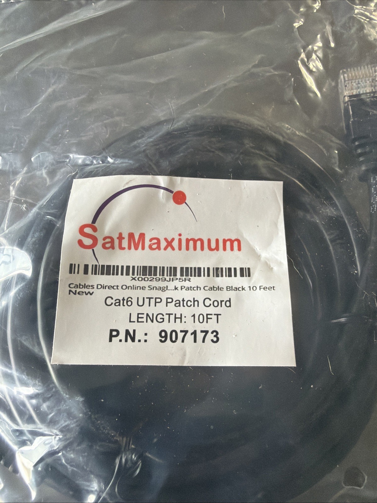 Satmaximum Cat6 UTP Patch Cord 10FT 907173 Black Cat 6 / New Sealed