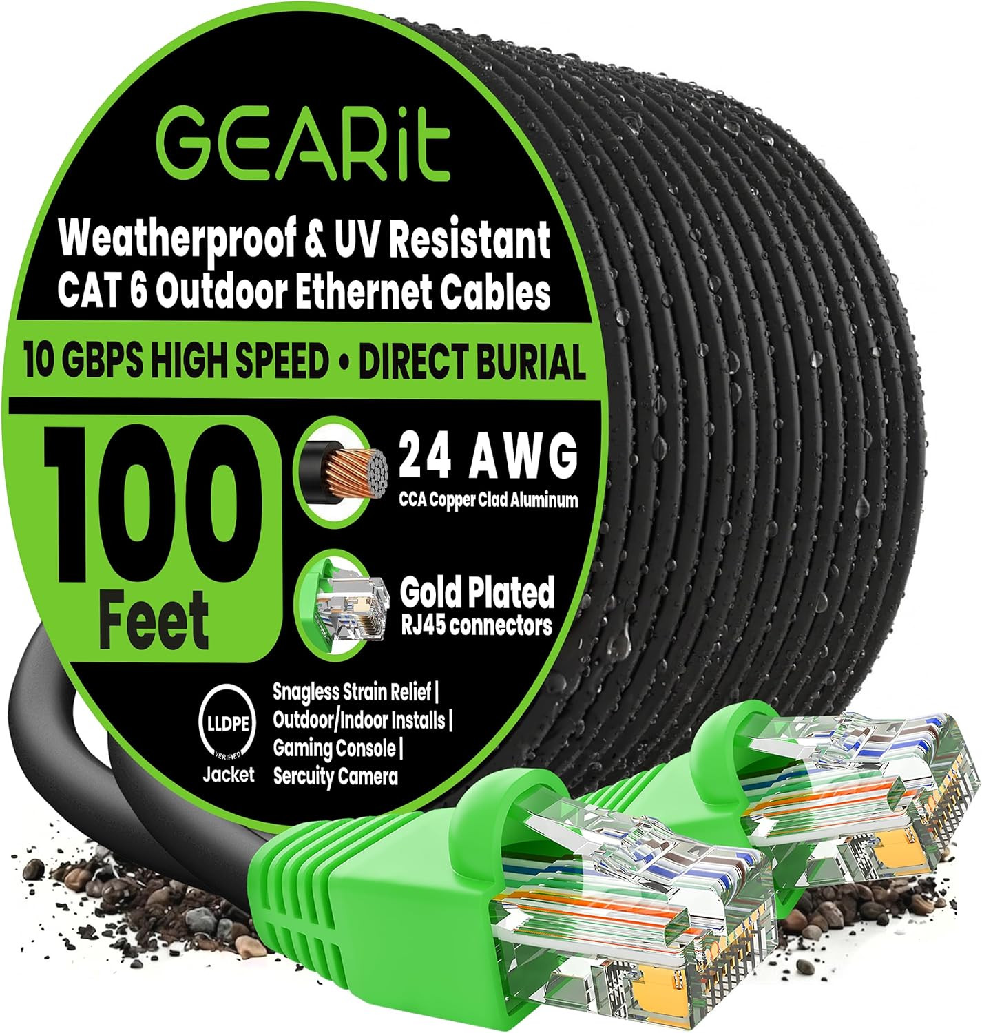 Cat6 Ethernet Cable 100Ft, Direct Burial Outdoor Cat 6 Cable 24AWG High Speed up