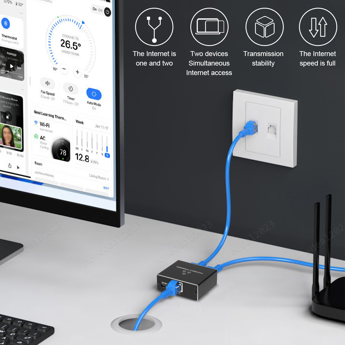 1000Mbps Ethernet Splitter Adapter RJ45 Cable LAN Network Internet 1 IN 2 Out