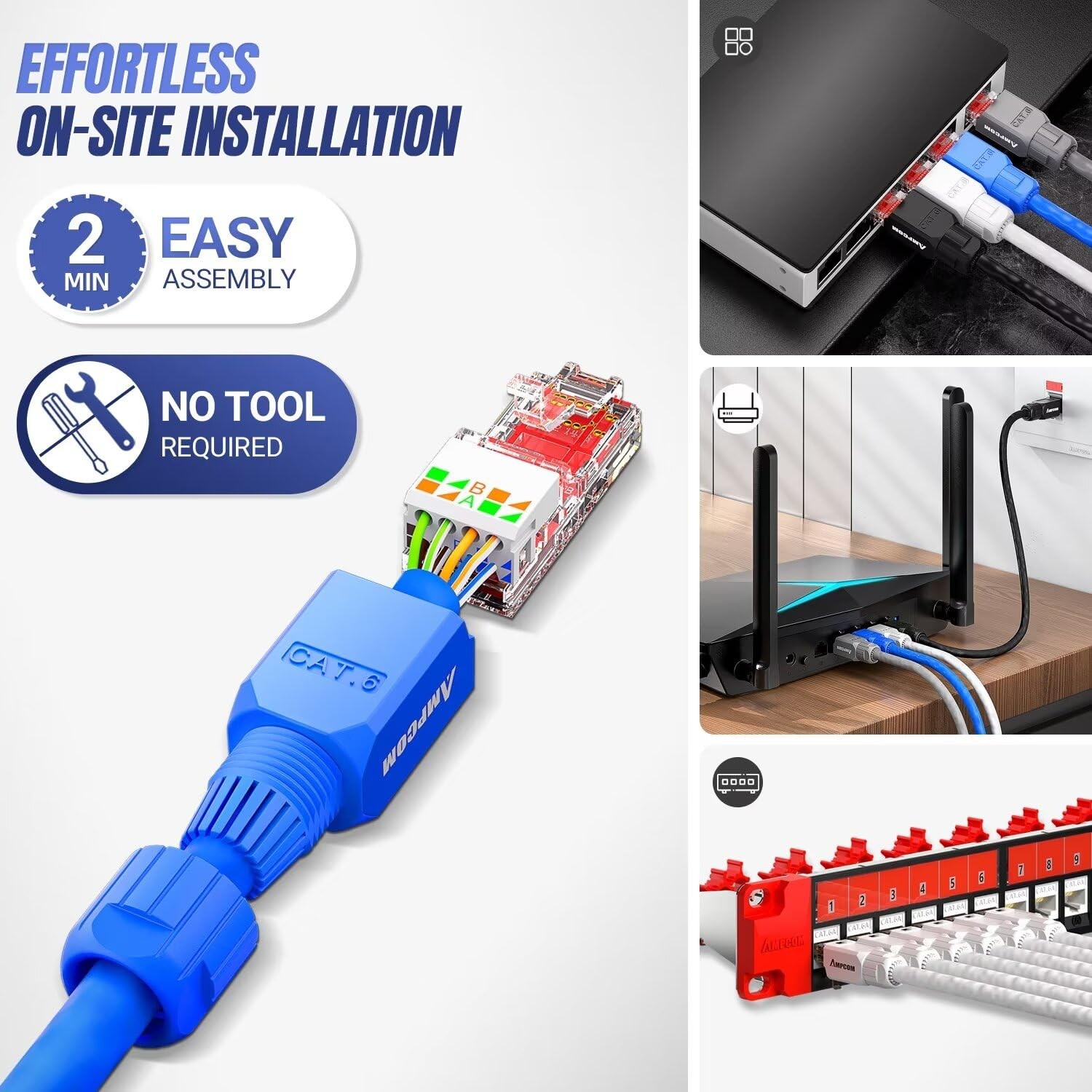 12 Pack Blue Cat6 Tool Free UTP Field Termination Modular RJ45 Plugs