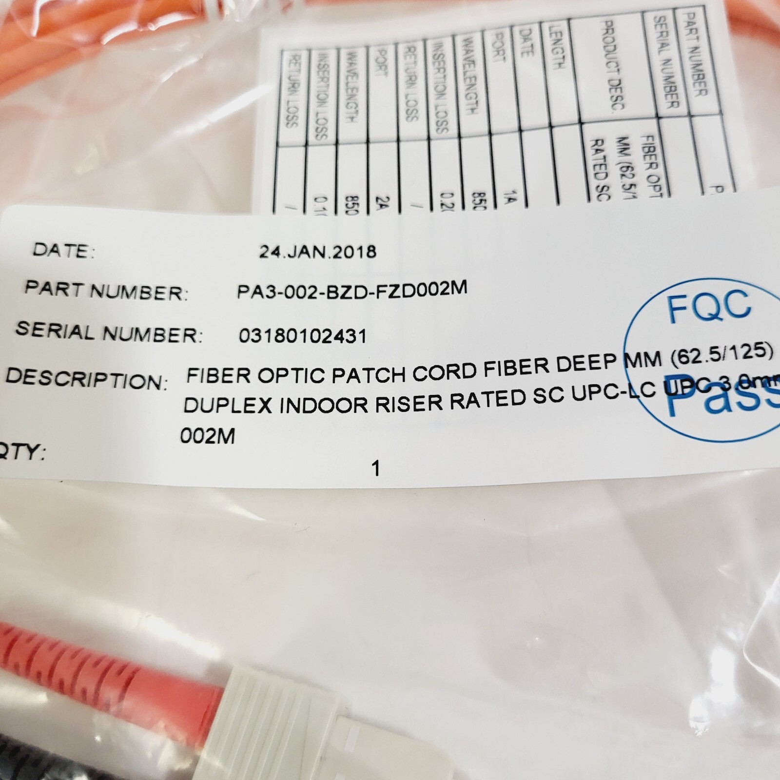 NEW Fiber Patchcord, 2 Meter,SC/UPC to Clipped LC/UPC PA3-002-BZD-FZD002M