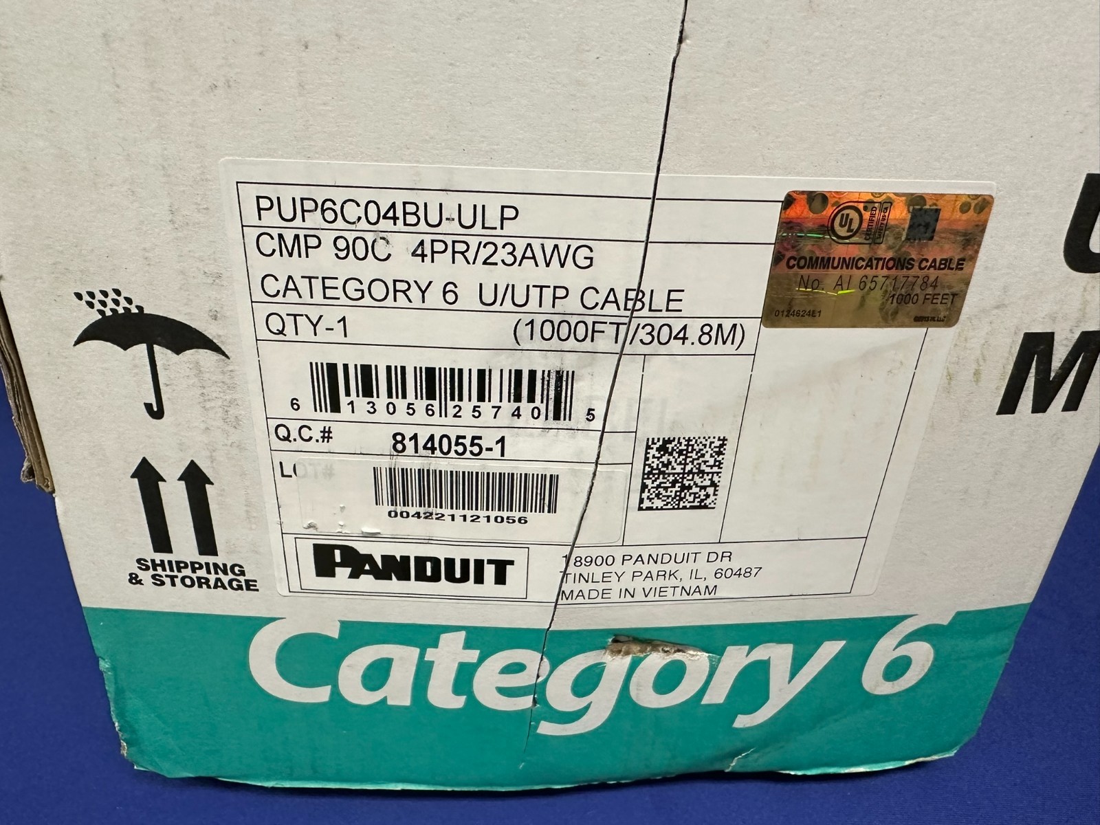Panduit Cat6 Plenum PUP6C04BU-ULP CMP 23AWG U/UTP Blue Network Cable 1000 ft.